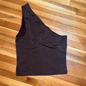 EXPRESS BROWN BODY CONTOUR ONE SHOULDER CROP TOP